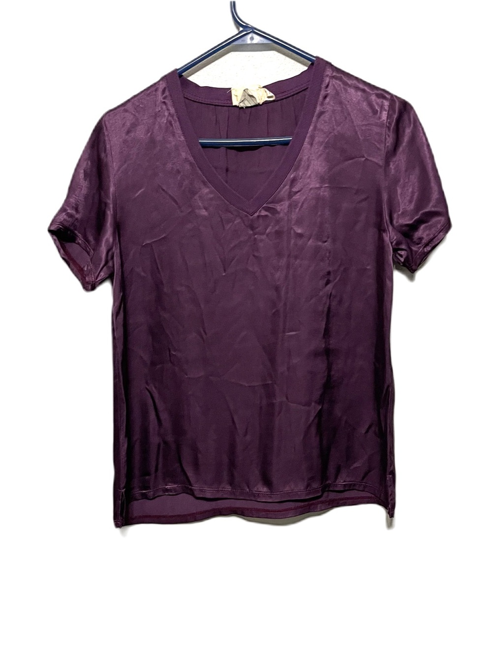 Nation Silky Short Sleeve V Neck Blouse Dark Purple Casual Party Womens Small